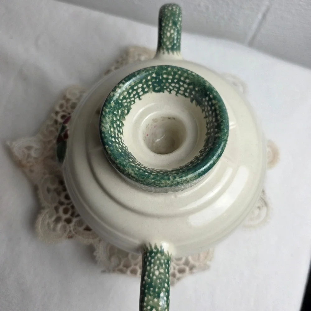 Vintage Ceramic Apple Candle Holder Double Handle Farmhouse Speckled Cream Green